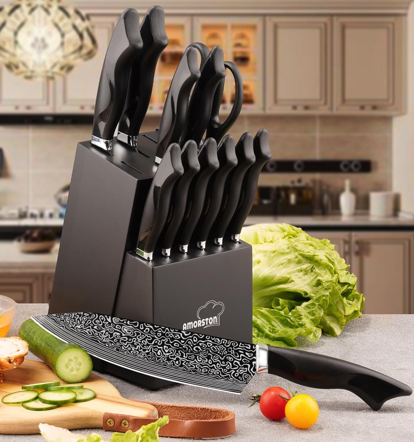 Knife Set, 15 Pieces Kitchen Knife Set with Built in Sharpener, High Carbon German Stainless Steel Knife Block Set, Dishwasher Safe, Mothers Day Gifts