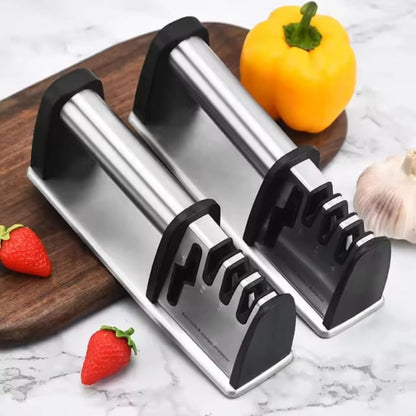 Knife Sharpener, 4 in 1 Manual Kitchen Knives & Scissors Sharpener – Diamond, Tungsten & Ceramic Blades, Ergonomic Non-Slip Knife Sharpening Kit, Compact, Easy & Safe to Use, Black