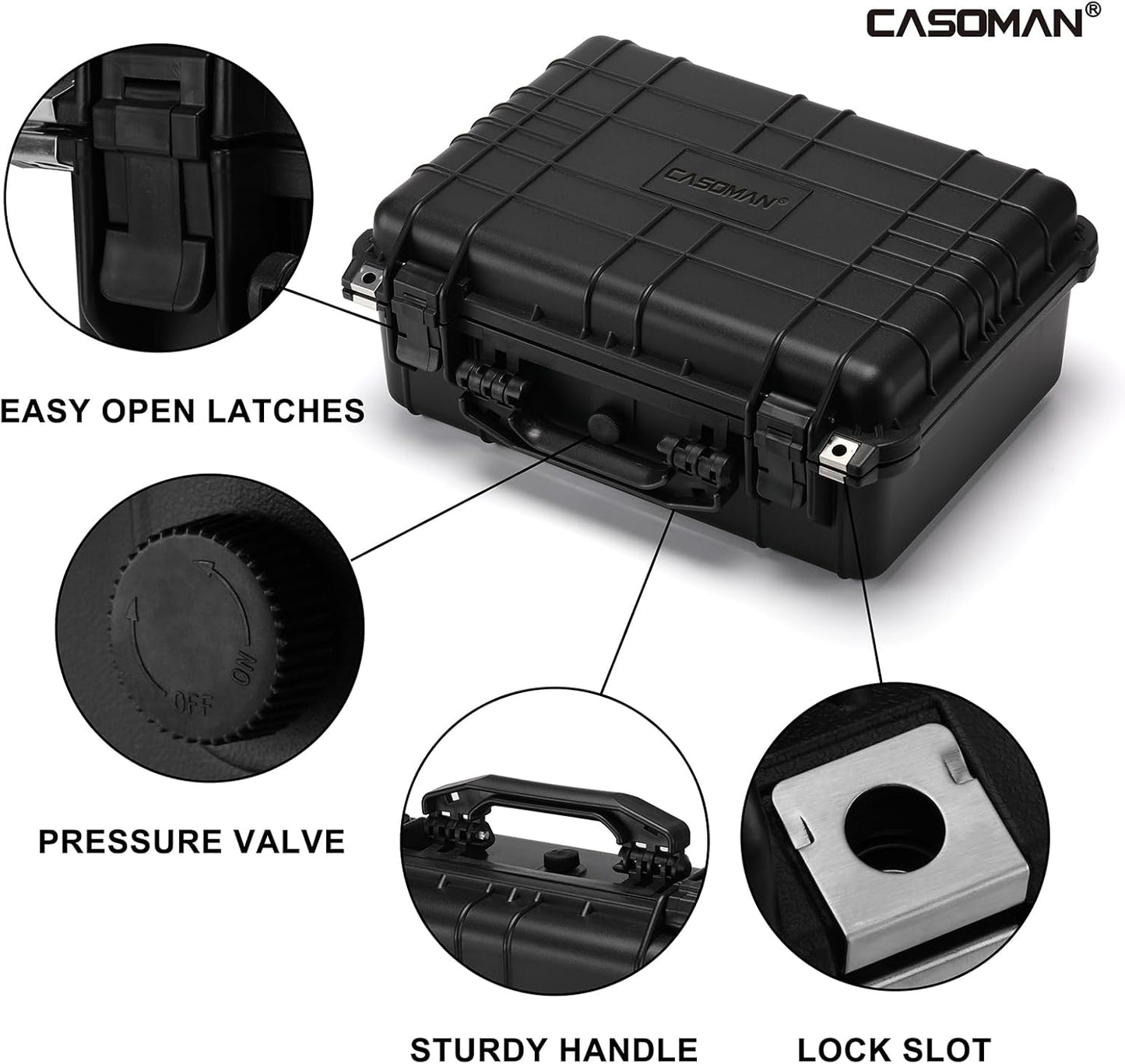 CASOMAN Water-proof and Dust-proof Protective Sturdy Plastic Storage Case with Cush-Proof Sponge and Customizable Foam, IP67 Water Proof Grade, 13.4" X 11.6" X 6"