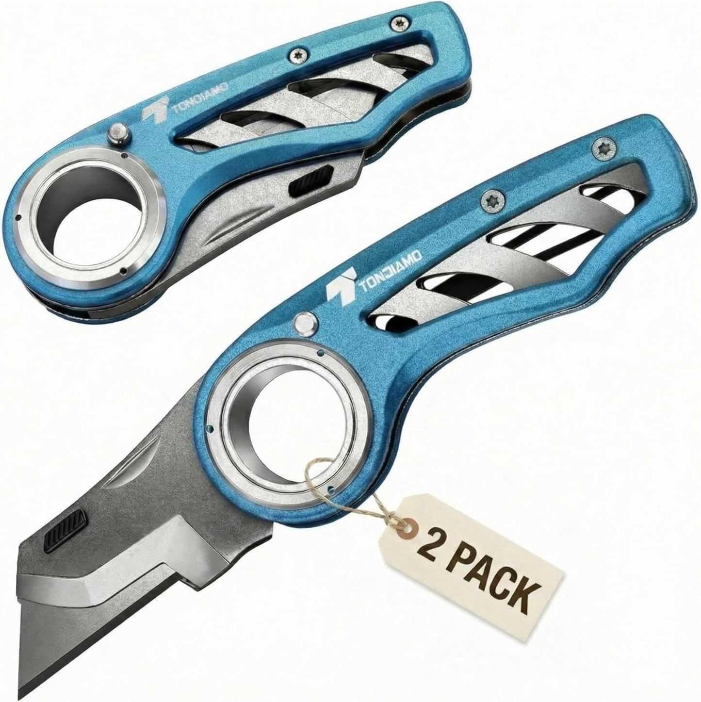 Tondiamo 4 Pcs Folding Pocket Utility Knife Heavy Duty Box Cutter Folding Razor Knife with Anti Slip Finger Loop Easy Change Blades 3 Lock Positions Design (Yellow,Red,Black,Green)