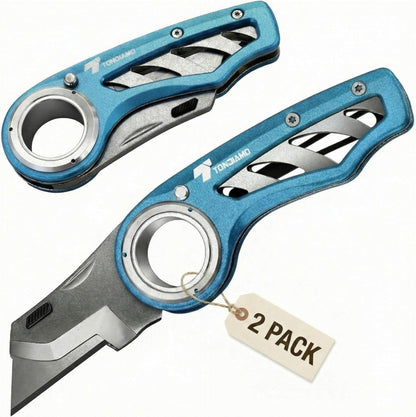 Tondiamo 4 Pcs Folding Pocket Utility Knife Heavy Duty Box Cutter Folding Razor Knife with Anti Slip Finger Loop Easy Change Blades 3 Lock Positions Design (Yellow,Red,Black,Green)