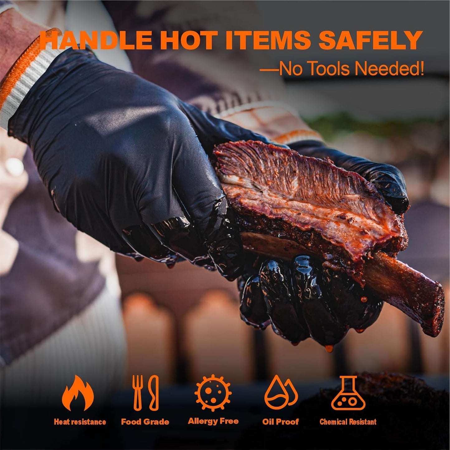 ANBOSON BBQ Gloves Disposable-Heat Resistant Cooking & Grilling Gloves Set (100 Black Nitrile, 4 Cotton Liners)-10Mil Heavy Duty Meat Handling Smoker Accessories for Hot Food Prep,Non-Slip Grip,Large