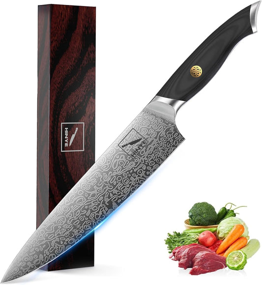 8" High Carbon Stainless Steel Kitchen Chef Knife, Redwood Handle, Textured Anti-Stick Blade, Rustproof & Dishwasher Safe, Effortless Chopping, Premium Gift Box