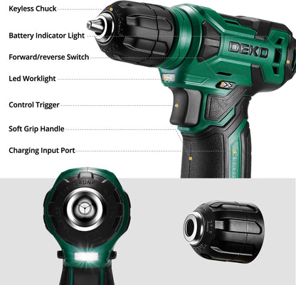 Tool Kit: 8V Cordless Drill, Home Toolbox with storage case, Hand Tool set for Home Repairs 126 Piece, Green