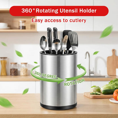 2 Pack 360° Rotating Stainless Steel Utensil Holder for Countertop, 4-Compartment Kitchen Organizer with Non-Slip Base, Large Capacity Spoon Fork Knife Crock for Cooking Tools Storage