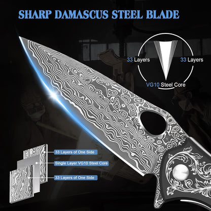 KOMWERO Damascus Pocket Knife for Men, VG10 Core Damascus Steel Folding Knife with Wood Handle, Ball Bearing, Thumb Hole, Liner Lock, Sheath for EDC Outdoor Survival Hunting