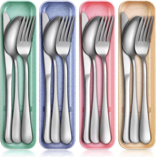 Yinkin 4 Pack Portable Travel Utensils Set with Case Reusable Stainless Steel Silverware Flatware Camping Cutlery Include Fork Spoon Knife for Work School Dishwasher Safe(Classic Color)