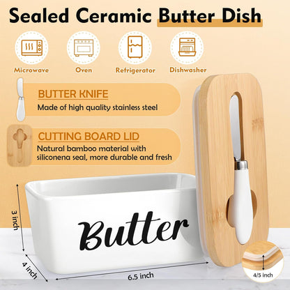 Qinyoung 2 Pcs Large Bread Box Set for Kitchen Countertop with Ceramic Butter Dish Holder Bamboo Lid Knife Metal Bread Holder Farmhouse Kitchen Storage Container for Home Housewarming Gift(Grey)