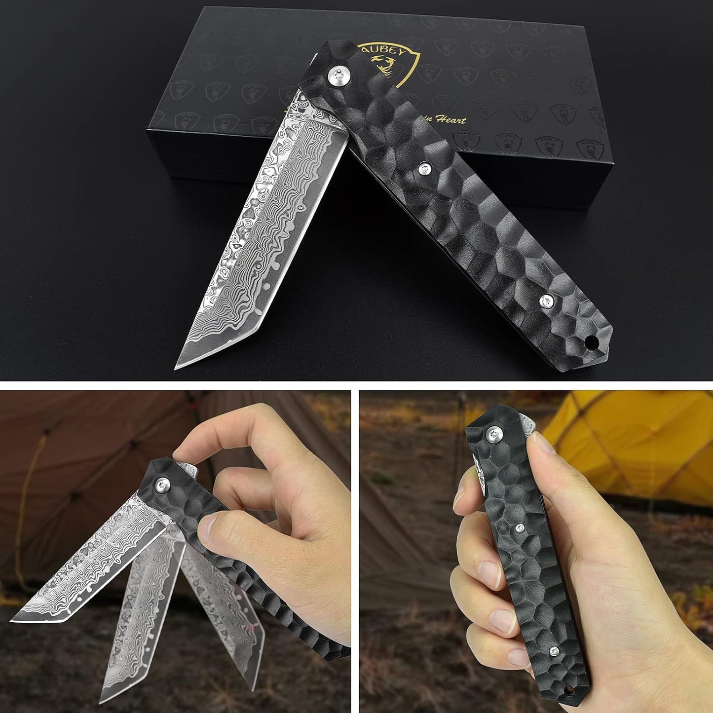 AUBEY Damascus Pocket Knife with Clip, Sharp Tanto Blade with VG10 Core Folding Knife with Abalone Shell Handle and Glass Breaker, EDC Camping Knife for Gift Survival Collection
