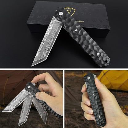 AUBEY Damascus Pocket Knife with Clip, Sharp Tanto Blade with VG10 Core Folding Knife with Abalone Shell Handle and Glass Breaker, EDC Camping Knife for Gift Survival Collection