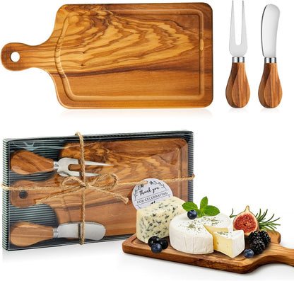 1 Set Bridal Baby Shower Cheese Prizes Wooden Square Board Gift Set Knives Forks Thank You Tags with Box for Guests for Valentines Bridal Baby Shower Housewarming Gifts (Bamboo Color)