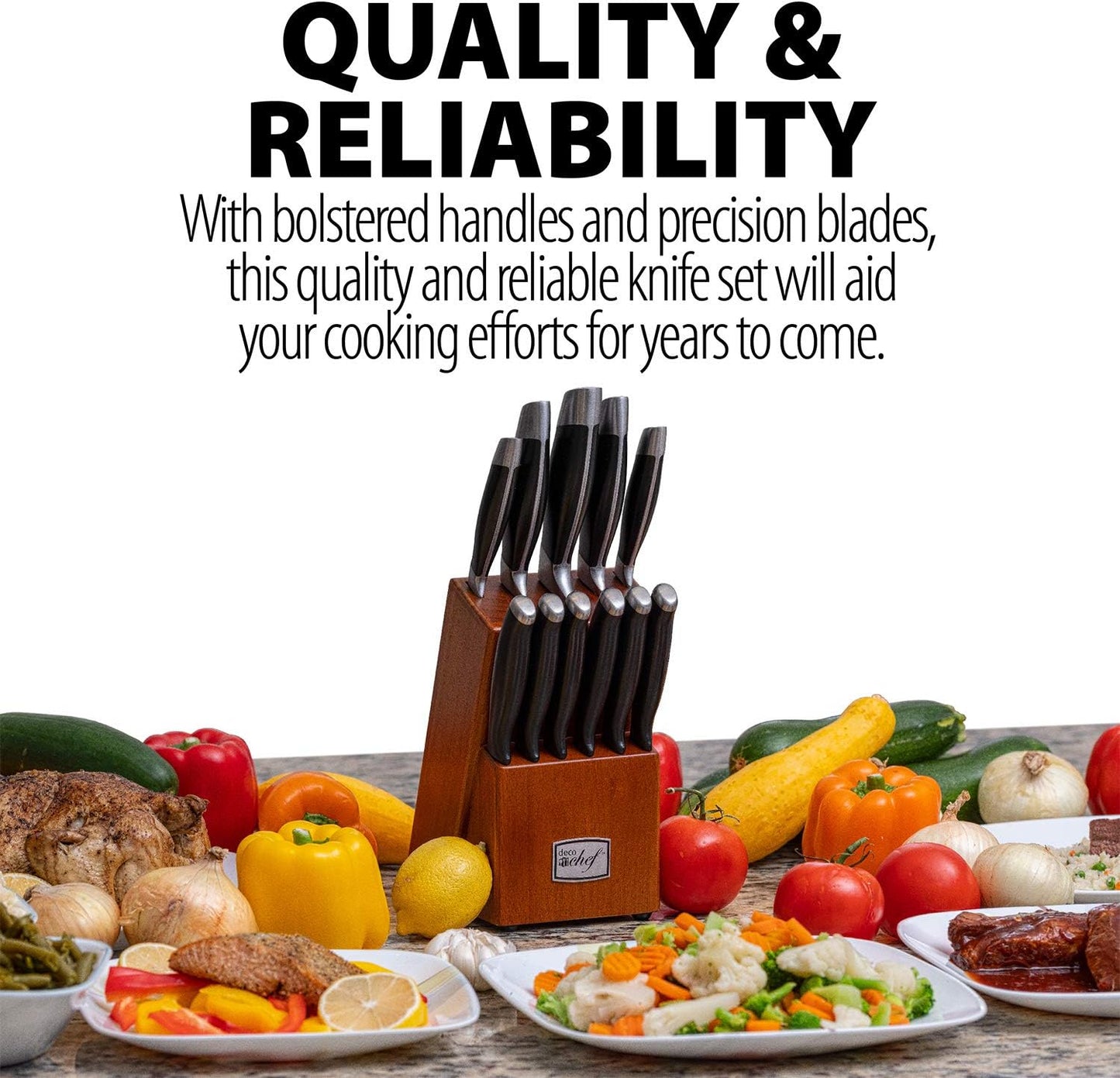 Deco Chef 16 Piece Kitchen Knife Set Stainless Steel with Wood Handles, 8" Chef, 6.5" Cleaver, 8" Bread, 8" Slicing, 4.5" Paring, 6pcs Steak Knives, Kitchen Shears, and more