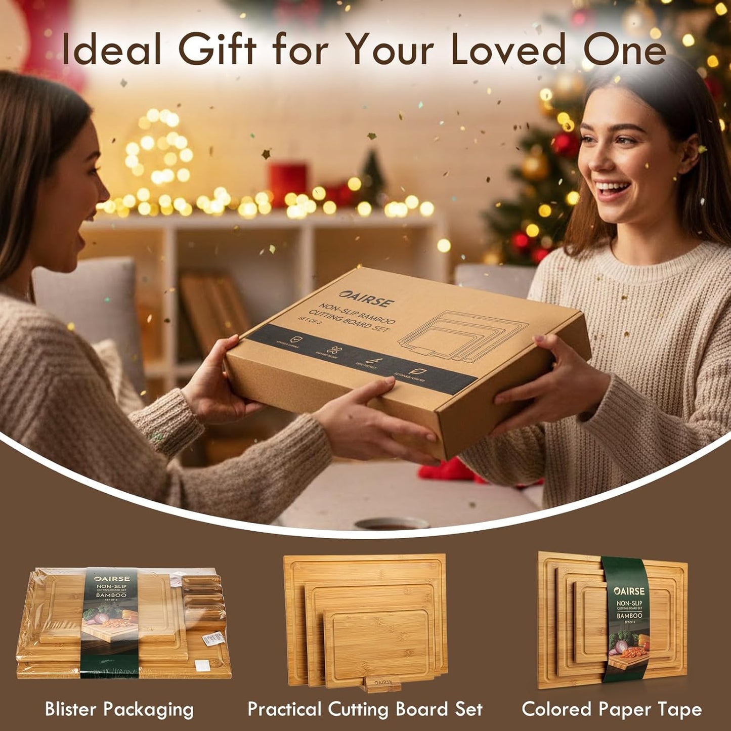 Bamboo Cutting Board for Kitchen, 3 Packs Large Cutting Boards with Juice Grooves & Holder Kitchen Cutting Boards Set with Stand Bamboo Chopping Board for Meat, Vegetables, Fruits