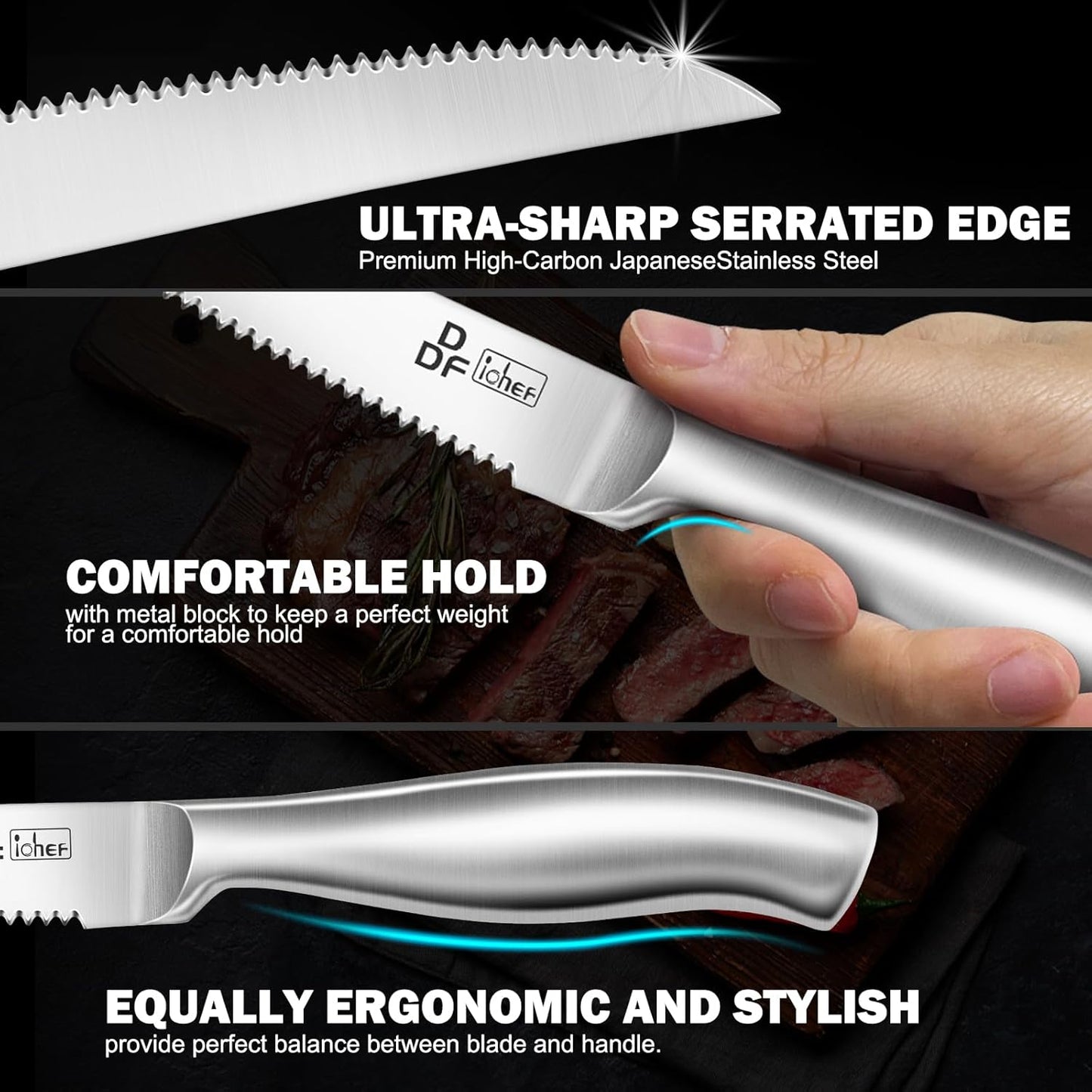 DDF iohEF Steak Knife Set, 6 Piece Steak Knife, High Carbon Japanese Stainless Steel Serrated Steak Knives