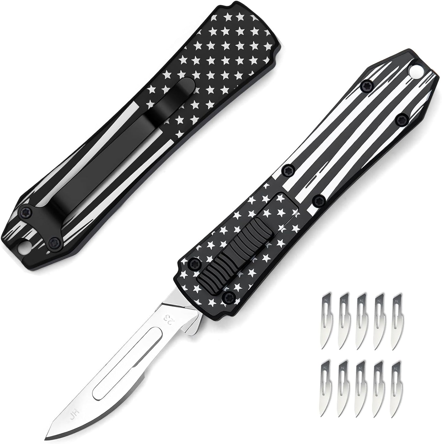 Automatic Utility Knife,All Metal Construction Carbon Stainless Steel Blade,Box Cutter Quick Change Retractable,EDC Push Button with Clip,10PCS #23 Blades Replacement,Stars&Stripes