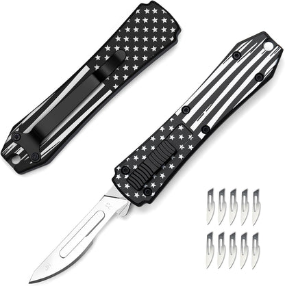 Automatic Utility Knife,All Metal Construction Carbon Stainless Steel Blade,Box Cutter Quick Change Retractable,EDC Push Button with Clip,10PCS #23 Blades Replacement,Stars&Stripes