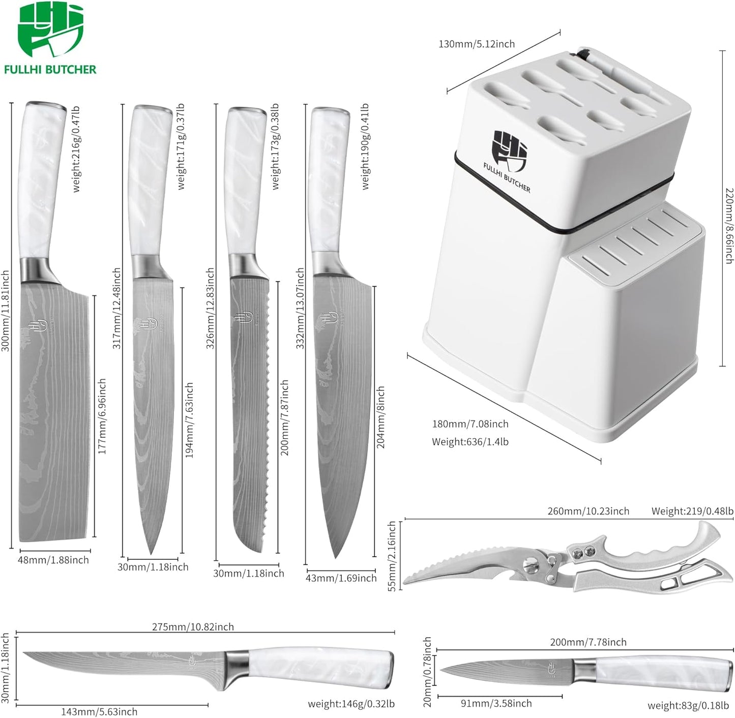 FULLHI 8pcs block Knife Set,chef's Knves Set with Block and Sharpener, Kitchen Knife Set,Multi-colour Handle, Gifts for Men Women
