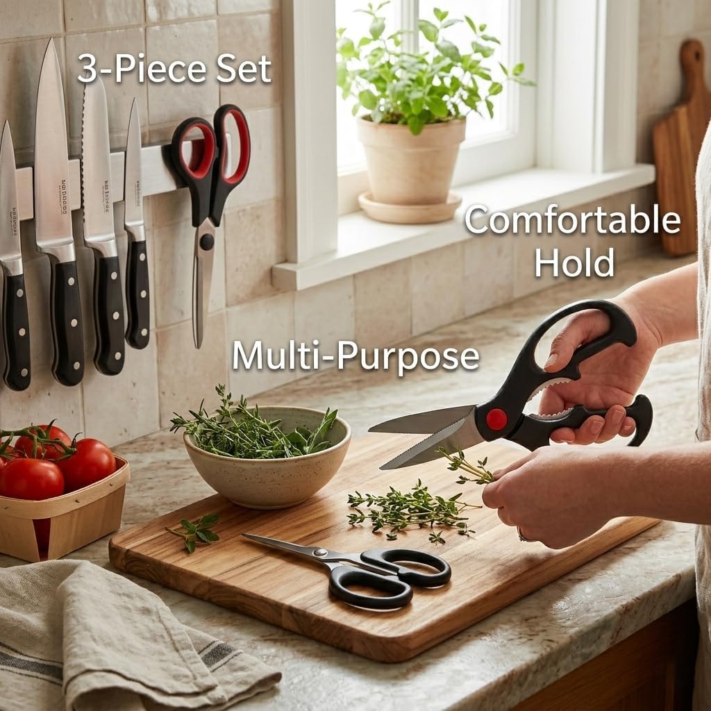 Multifunctional Kitchen Shears - Stainless Steel Blades with Ergonomic Comfort Grip Handle, 3 Piece Set for Meat, Poultry, Vegetables & Herb Scissors (Black/Red)