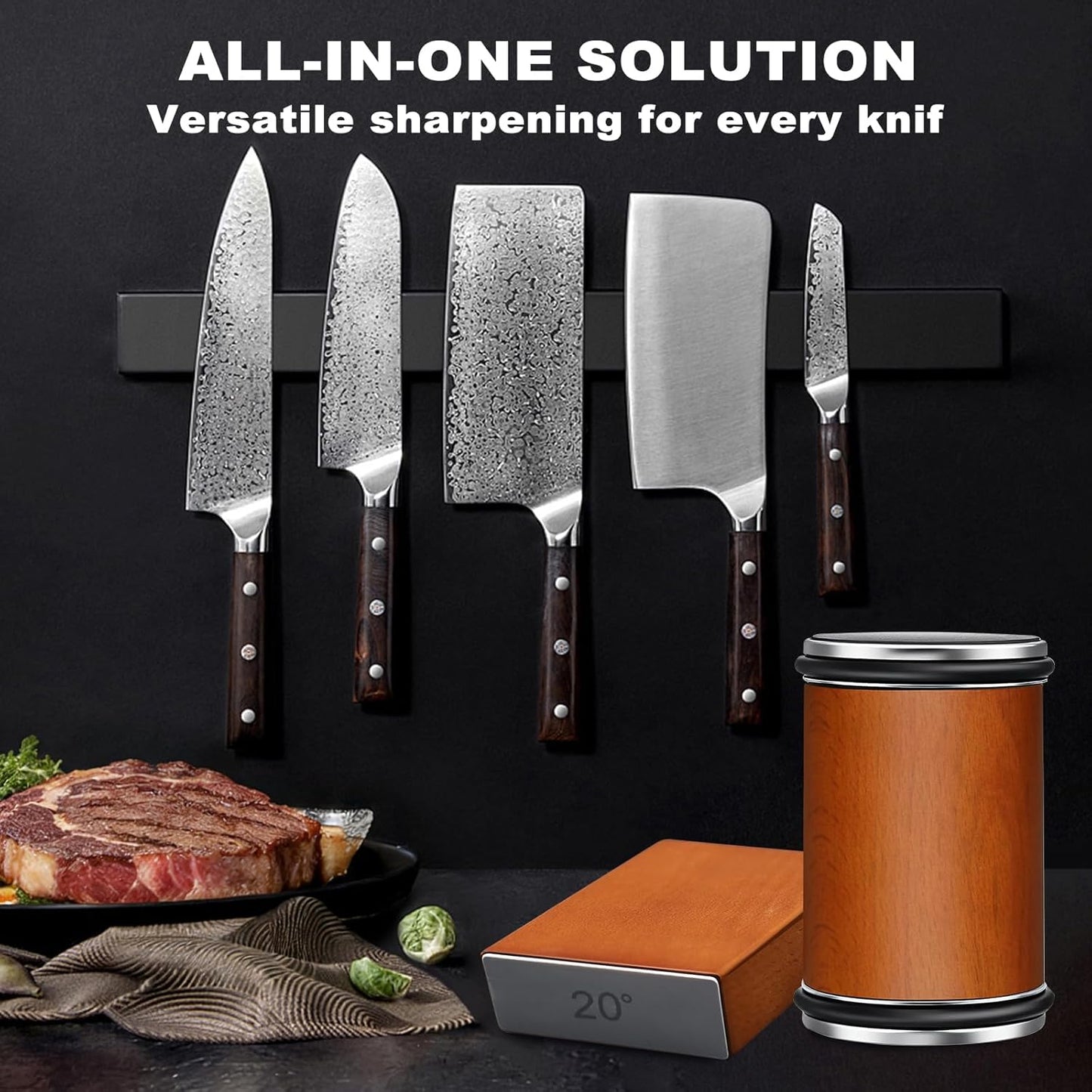 Deefeel Rolling Knife Sharpener Kit - Knife Sharpening with Diamonds for Razor Sharp Edges - Roller with Magnetic Holder with Multi Degrees Kitchen Home Outdoor (Brown-Straight tube knife sharpener)