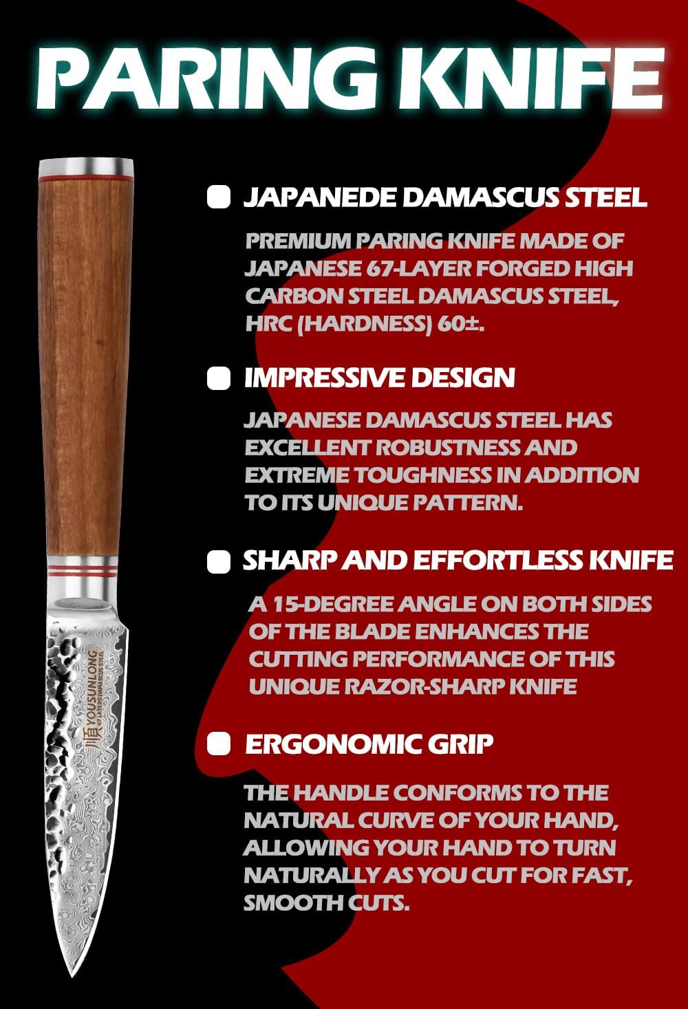 YOUSUNLONG Paring Knife 3.5 inch Peeling Knives Japanese 67 Layers Hammered Damascus Steel with Natural Leadwood Handle