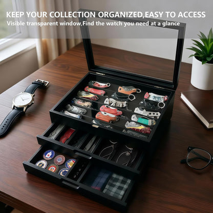 AUTOARK Knife Display Case Holds 43+ Knives,Large 3-Tier Wooden Organizer with Glass Top and Drawer,Gift for Men,Walnut,AHK-072
