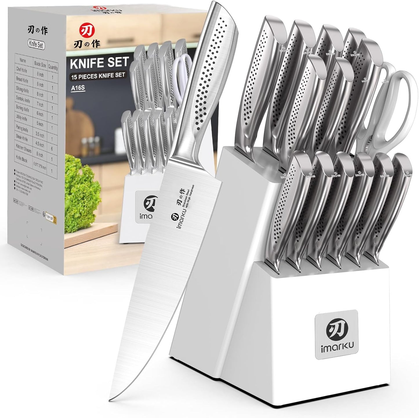 imarku Kitchen Knife Set with Block and Built-in Sharpener, Japanese Stainless Steel 14-Piece Knife Set with Utility Knife, Dishwasher Safe, Non-Slip Ergonomic Handles, Essential Gift for Home Cooks