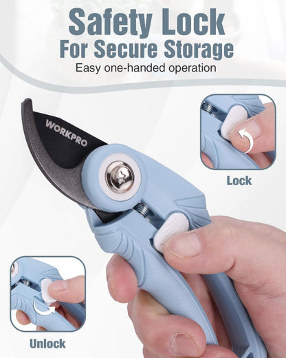 WORKPRO 6.9" Bypass Pruning Shears, Gardening Scissors with Sharp SK5 Steel Blade, Handheld Garden Floral Clippers for Rose, Plants, Flowers, Fruits Trees, Gardening Gifts for Women & Men, Green