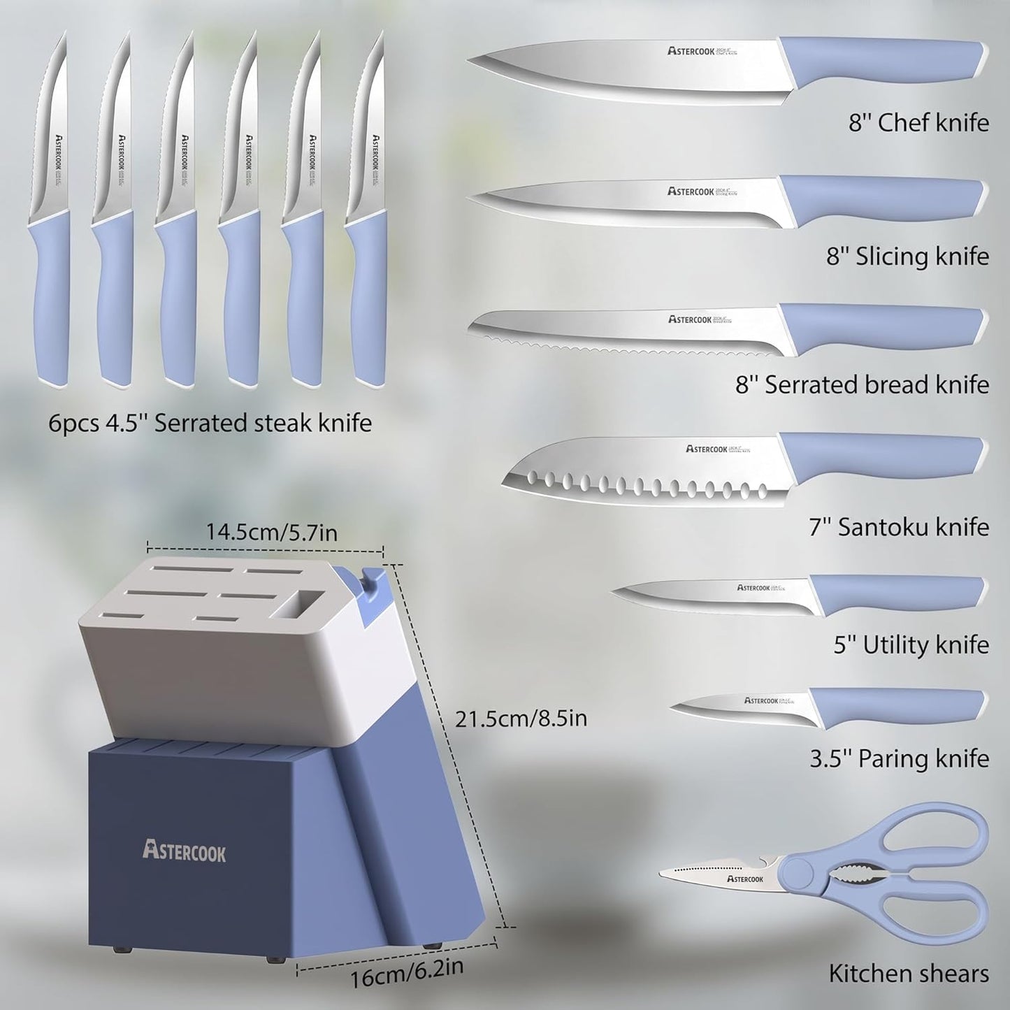 Astercook Knife Set, Kitchen Knives Set with Block and Sharpener 15 Pcs German Stainless Steel Knives Sharp Blade Dishwasher Safe Deba Knives with Ergonomic Handle, Crystal Pink