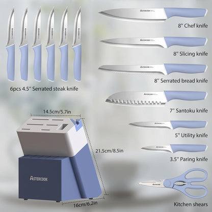 Astercook Knife Set, Kitchen Knives Set with Block and Sharpener 15 Pcs German Stainless Steel Knives Sharp Blade Dishwasher Safe Deba Knives with Ergonomic Handle, Crystal Pink