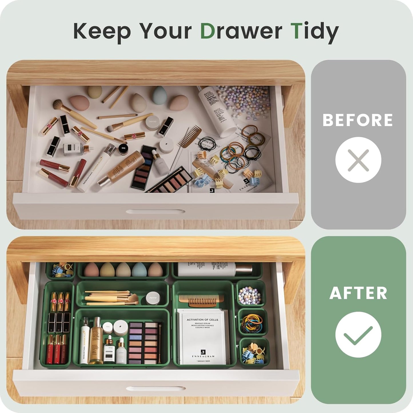 A-LuGei 【Military Grade Drawer Organizer, 【𝟱𝗦𝗶𝘇𝗲】 Makeup organizer, 【Holds 177 Items】 Bathroom Organizers and Storage, Organization and Storage, Desk Drawer Organizer for Vanity (Clear Black)