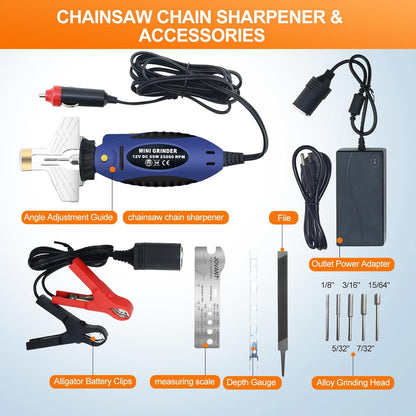 Electric Chainsaw Sharpener kit， Chainsaw Chain sharpener12V,DC 55W 25000PRM,with 5 Alloy Grinding Stones,File, 110V Convert 12V Outlet Power Adapter (ETJ007)