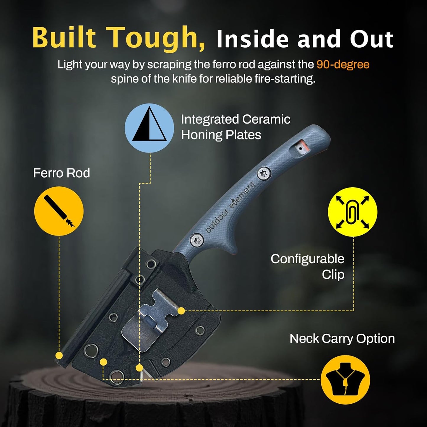 Scout Feather Glow - Fixed Blade Survival Knife with built-in Firestarter for Camping, Hunting, Outdoor Adventure and Culinary Need - VG10 Blade, Whistle, Knife Sharpener, Compact Sheath & G10 Handle