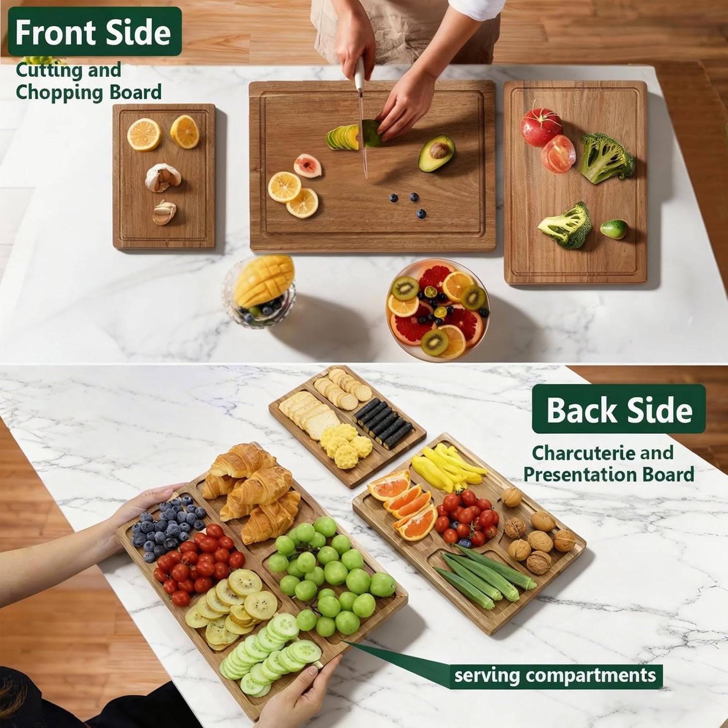 3 PCS Acacia Wood Cutting Board Set with Stand, Thick Chopping Boards for Kitchen, Deep Juice Grooves, Easy Grip Handle, Non-slip Heavy Duty Charcuterie Board for Meat, Cheese, Vegetables and Fruits