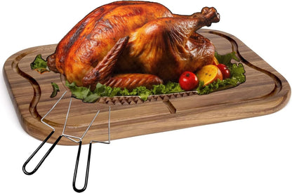 20" Large Holiday Ham Meat Serving Board Thanksgiving Carving Board with Turkey Lifter Set| Acacia Wood Cutting Board with Juice Groove, Good for Carving 22Lbs Meats