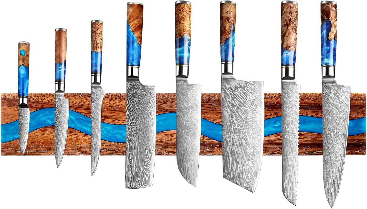 Magnetic Knife Holder, 15.7 Inch Walnut Wood and Resin Magnetic Knife Bar for Wall, Heavy Duty Magnet Holds 8 Knives, Handcrafted Ocean Blue (Ocean's Embrace)