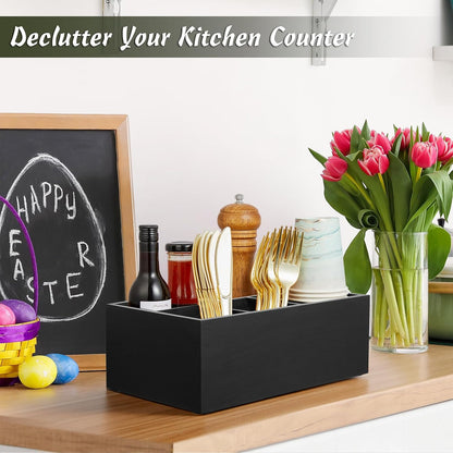 DRASTAR Utensil Holder, Wooden Silverware Caddy, Picnic Cutlery Organizer, Countertop Silverware Holder for Party, Pink