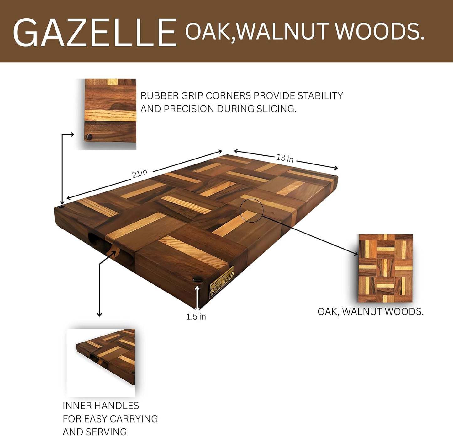 Walnut Oak Rosewood End Grain Cutting Board - 14x16 Large Wooden Butcher Block with Juice Grooves, Non-Slip Feet & Built-in Compartments - Reversible Board for Kitchen Decor & Charcuterie