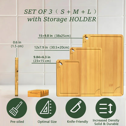 Cutting Boards for Kitchen, Bamboo Cutting Board Set of 3 with Storage Stand, Deep Carbonized Chopping Boards with Deep Juice Grooves and Side Handles for Meat, Vegetables, Fruit and Meal Prep