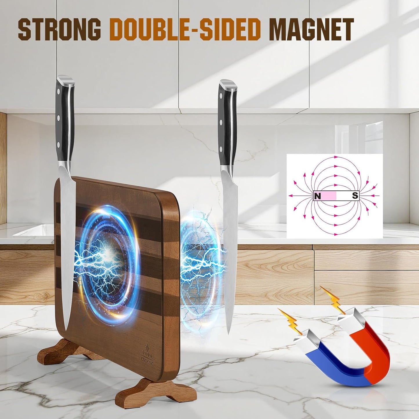 ENOKING Extra Large Magnetic Knife Block, 15.2-In Acacia Wood Knife Holder for Home Kitchen, Universal Knife Holder Stand with Strong Enhanced Magnets for Safe and Multifunctional Knife Storage