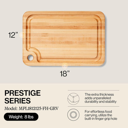 John Boos Prestige Series Rectangular Wooden Maple Cutting Board 18”x12” – 1.25” Thick, 8-lb Reversible Butcher Block with Juice Groove, Edge-Grain & Finger Grip Hole – Made in the USA