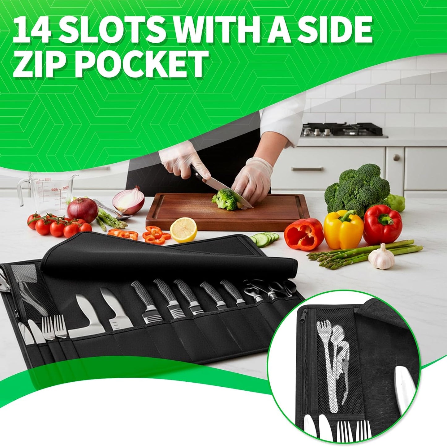 Chef Knife Roll Bag,Knife Roll Bag,Knife Bags for Chefs Professional,Knives Bag,Portable Chef Knife Cases with 14 Slots and Adjustable Shoulder Strap (Bag Only),Black