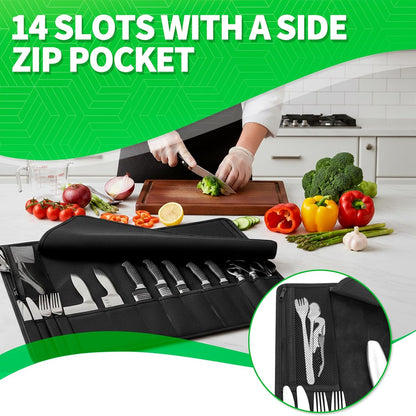 Chef Knife Roll Bag,Knife Roll Bag,Knife Bags for Chefs Professional,Knives Bag,Portable Chef Knife Cases with 14 Slots and Adjustable Shoulder Strap (Bag Only),Black