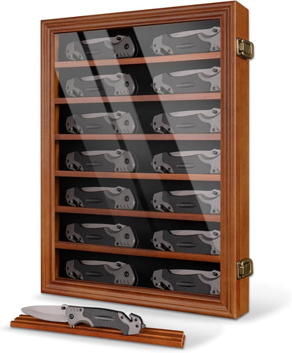 7 Row Knife Display Case for Wall Wooden Folding Knife Storage Stand with HD Tempered Glass & Removable Shelves Military Knife Organizer for Collections - Black