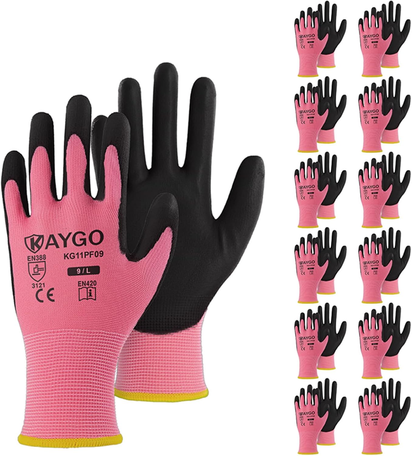 KAYGO Work Gloves for Men and Women,12 Pairs Seamless Knit PU Coated Safety Gloves, with Smooth Grip on Palm and Fingers, Ideal for Light Warehouse, Manufacturing, Gardening, KG11P (M, Black)