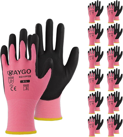 KAYGO Work Gloves for Men and Women,12 Pairs Seamless Knit PU Coated Safety Gloves, with Smooth Grip on Palm and Fingers, Ideal for Light Warehouse, Manufacturing, Gardening, KG11P (M, Black)