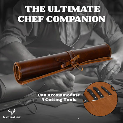 Leather Knife Roll Bag for Professional Chefs 4 Slot Full Grain and Suede Leather Knife Case Handmade Culinary Tool Roll Organizer for Travel, Kitchen and Outdoor Cooking (Black)