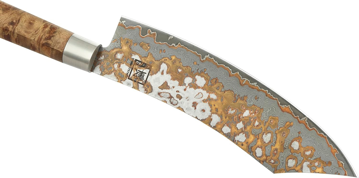 zayiko MysticMagma Nakiri Damascus Knife, 17 cm Blade made of 67 Layers of Damascus Steel with copper and bronze Inlay, DualCurve Handle made of maple root Wood, wooden Box