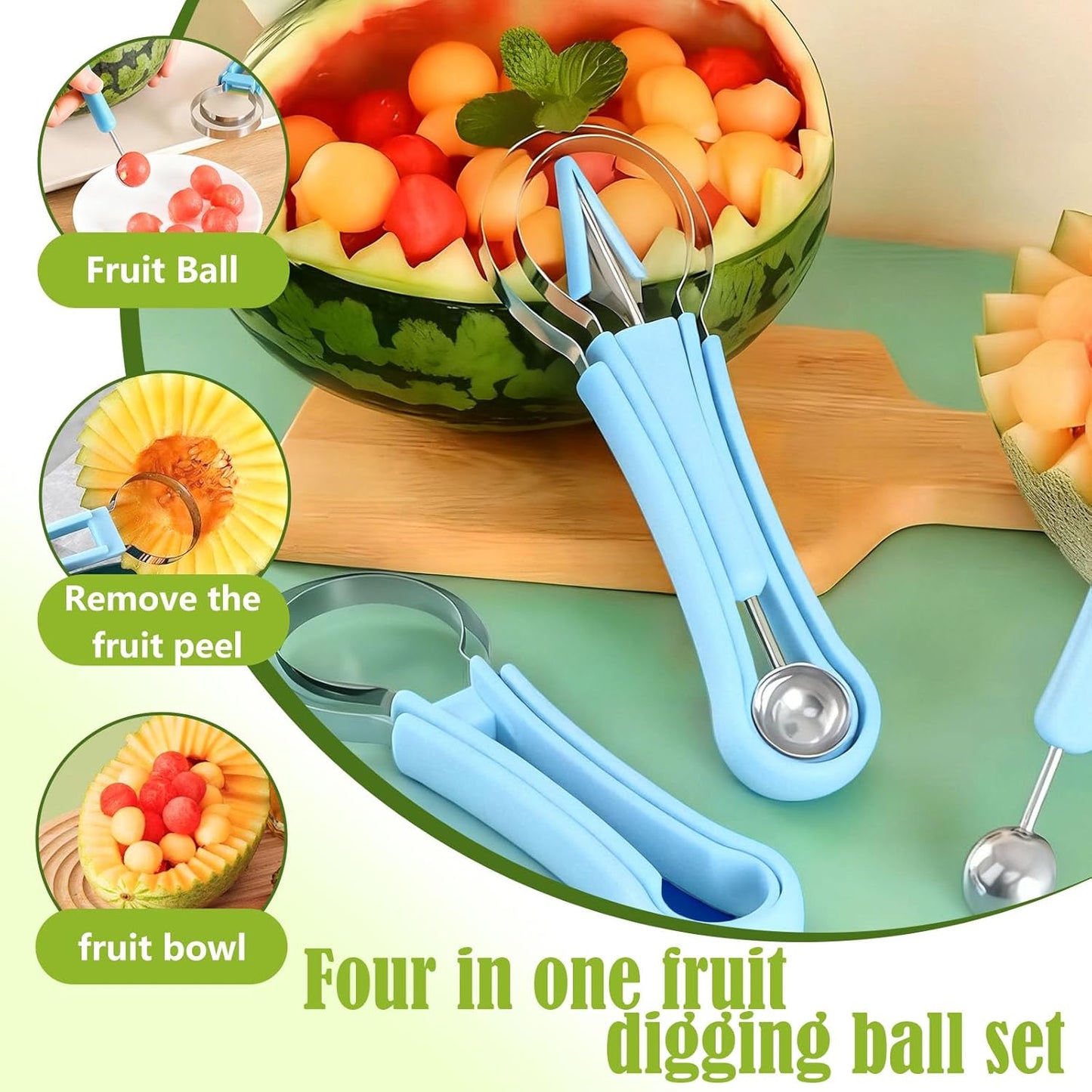 Suuker 4 in 1 Melon Baller Scoop Set, Stainless Steel Fruit Cutters Shapes, Watermelon Scooper and Baller, Fruit Carving Tools (Green)