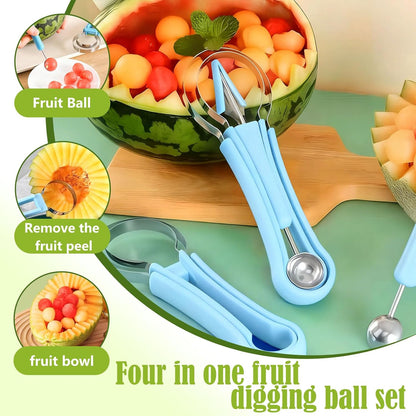 Suuker 4 in 1 Melon Baller Scoop Set, Stainless Steel Fruit Cutters Shapes, Watermelon Scooper and Baller, Fruit Carving Tools (Green)