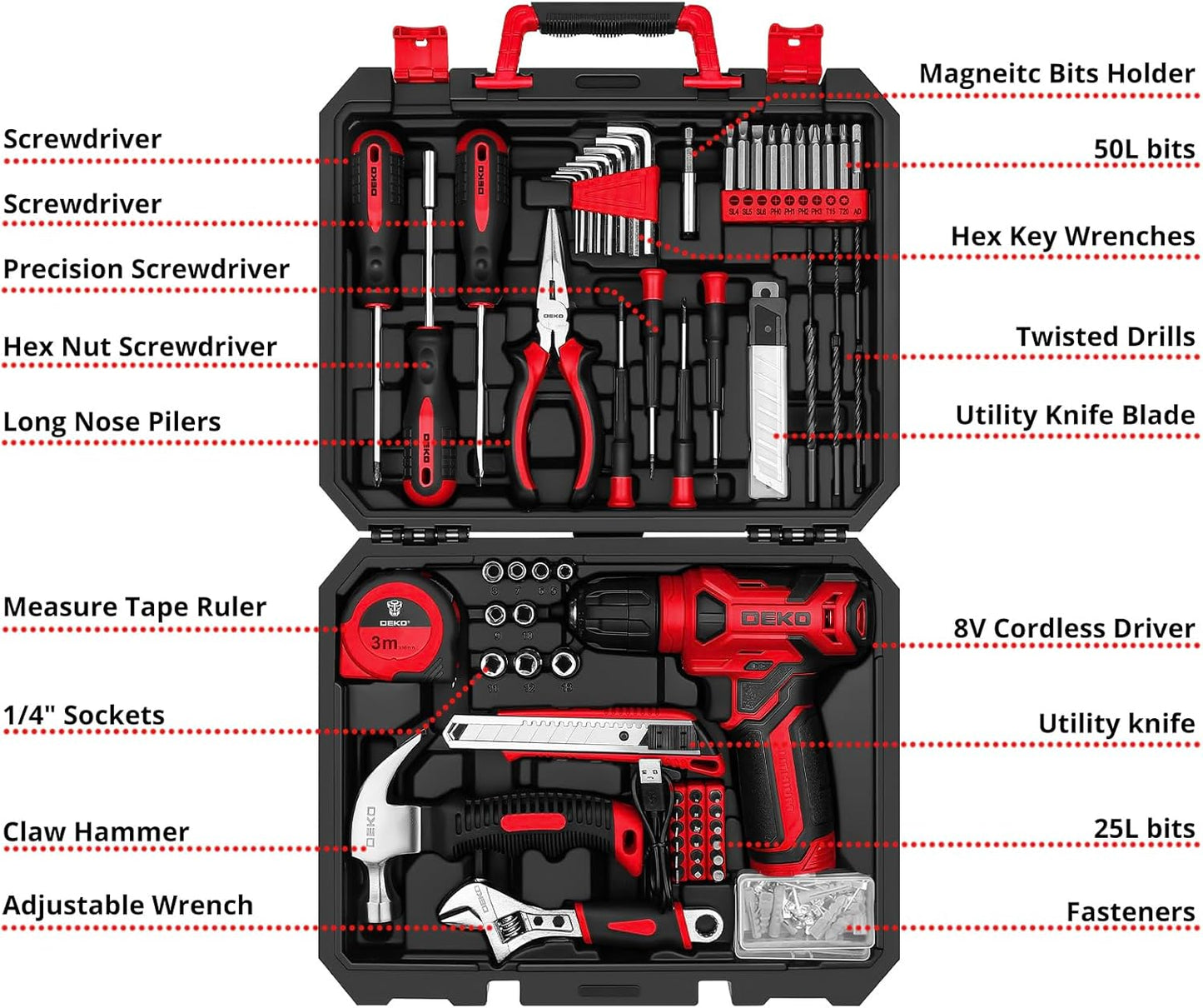 Tool Kit: 8V Cordless Drill, Home Toolbox with storage case, Hand Tool set for Home Repairs 126 Piece, Green